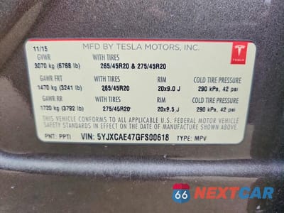 Zdjęcie 12 z 12 samochodu: 2016 TESLA MODEL X VIN:5YJXCAE47GFS00618 - miniatura