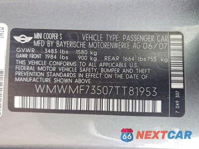 Zdjęcie 13 z 13 samochodu: 2007 MINI COOPER S VIN:WMWMF73507TT81953 - miniatura