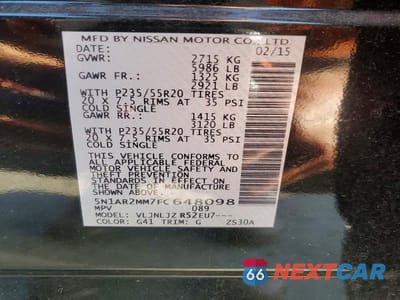 Zdjęcie 14 z 14 samochodu: 2015 NISSAN PATHFINDER S VIN:5N1AR2MM7FC648098 - miniatura