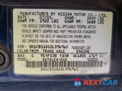 Zdjęcie 12 z 12 samochodu: 2005 NISSAN SENTRA 1.8 VIN:3N1CB51D15L596965 - miniatura
