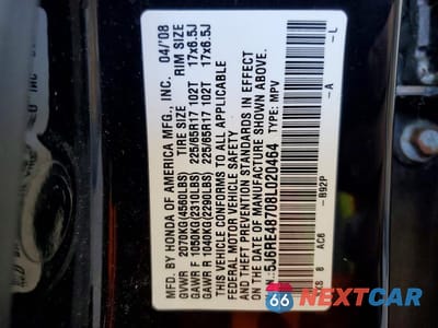 Zdjęcie 13 z 13 samochodu: 2008 HONDA CR-V EXL VIN:5J6RE48708L020464 - miniatura