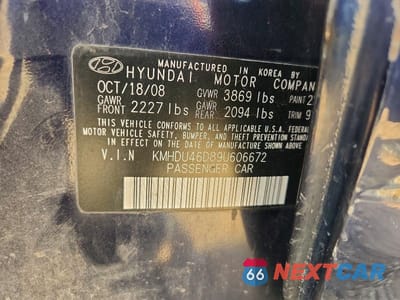 Zdjęcie 12 z 12 samochodu: 2009 HYUNDAI ELANTRA GLS VIN:KMHDU46D89U606672 - miniatura