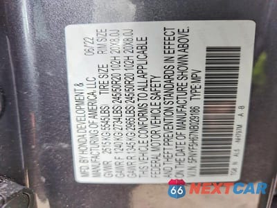 Zdjęcie 13 z 13 samochodu: 2022 HONDA PILOT TOURING VIN:5FNYF5H67NB029186 - miniatura