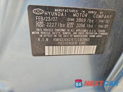 Zdjęcie 12 z 12 samochodu: 2007 HYUNDAI ELANTRA GLS VIN:KMHDU46D97U160965 - miniatura