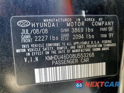Zdjęcie 12 z 12 samochodu: 2008 HYUNDAI ELANTRA GLS VIN:KMHDU46D08U553268 - miniatura
