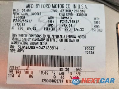Zdjęcie 14 z 14 samochodu: 2004 LINCOLN AVIATOR VIN:5LMEU88H04ZJ38814 - miniatura