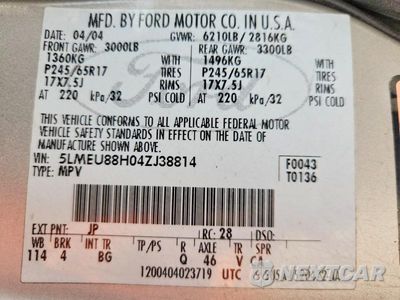 Zdjęcie 14 z 14 samochodu: 2004 LINCOLN AVIATOR VIN:5LMEU88H04ZJ38814 - miniatura