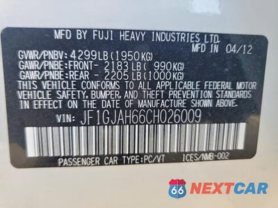 Zdjęcie 12 z 12 samochodu: 2012 SUBARU IMPREZA LIMITED VIN:JF1GJAH66CH026009 - miniatura