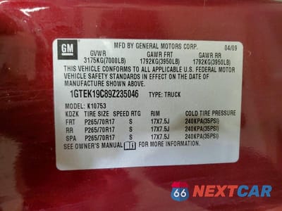 Zdjęcie 12 z 12 samochodu: 2009 GMC SIERRA K1500 VIN:1GTEK19C89Z235046 - miniatura