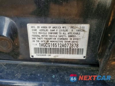 Zdjęcie 12 z 12 samochodu: 2002 HONDA ACCORD EX VIN:1HGCG16512A077878 - miniatura