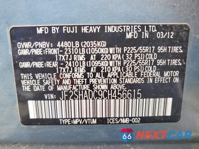 Zdjęcie 14 z 14 samochodu: 2012 SUBARU FORESTER 2.5X PREMIUM VIN:JF2SHADC9CH456615 - miniatura