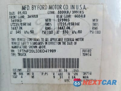 Zdjęcie 12 z 12 samochodu: 2003 FORD F250 SUPER DUTY VIN:1FTNF20L33ED41989 - miniatura