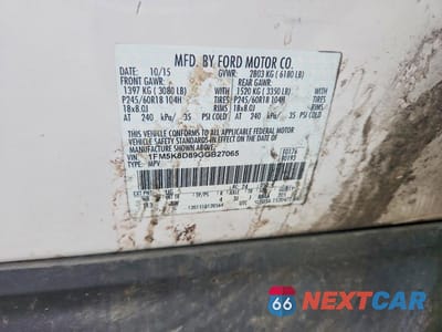 Zdjęcie 13 z 13 samochodu: 2016 FORD EXPLORER XLT VIN:1FM5K8D89GGB27065 - miniatura