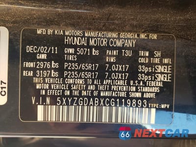 Zdjęcie 14 z 14 samochodu: 2012 HYUNDAI SANTA FE GLS VIN:5XYZGDABXCG119893 - miniatura