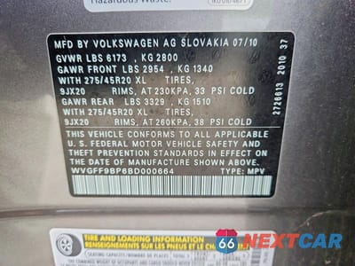 Zdjęcie 14 z 14 samochodu: 2011 VOLKSWAGEN TOUAREG V6 VIN:WVGFF9BP6BD000664 - miniatura