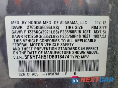 Zdjęcie 14 z 14 samochodu: 2013 HONDA PILOT EXL VIN:5FNYF4H51DB018474 - miniatura