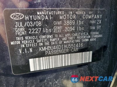 Zdjęcie 12 z 12 samochodu: 2008 HYUNDAI ELANTRA GLS VIN:KMHDU46D18U551416 - miniatura