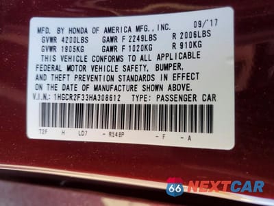 Zdjęcie 12 z 12 samochodu: 2017 HONDA ACCORD LX VIN:1HGCR2F33HA308612 - miniatura