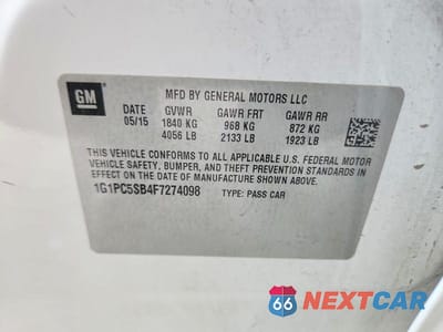 Zdjęcie 12 z 12 samochodu: 2015 CHEVROLET CRUZE LT VIN:1G1PC5SB4F7274098 - miniatura