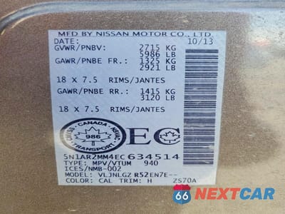 Zdjęcie 14 z 14 samochodu: 2014 NISSAN PATHFINDER S VIN:5N1AR2MM4EC634514 - miniatura