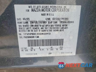 Zdjęcie 12 z 12 samochodu: 2005 MAZDA 6 I VIN:1YVHP80C555M55910 - miniatura