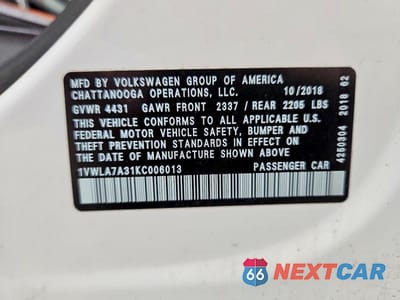 Zdjęcie 12 z 12 samochodu: 2019 VOLKSWAGEN PASSAT WOLFSBURG VIN:1VWLA7A31KC006013 - miniatura