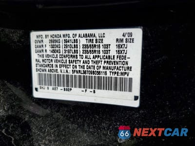 Zdjęcie 13 z 13 samochodu: 2009 HONDA ODYSSEY EXL VIN:5FNRL38709B056116 - miniatura