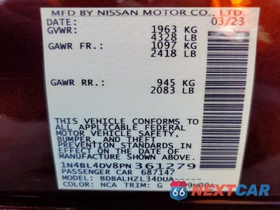 Zdjęcie 12 z 12 samochodu: 2023 NISSAN ALTIMA SV VIN:1N4BL4DV8PN361279 - miniatura