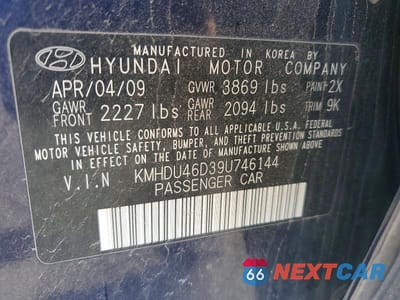 Zdjęcie 12 z 12 samochodu: 2009 HYUNDAI ELANTRA GLS VIN:KMHDU46D39U746144 - miniatura