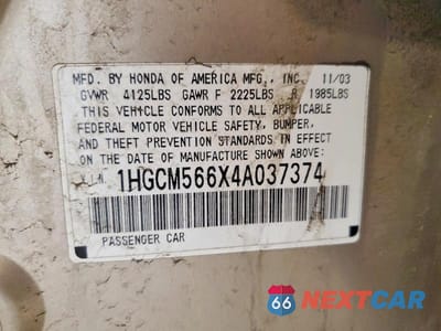 Zdjęcie 12 z 12 samochodu: 2004 HONDA ACCORD EX VIN:1HGCM566X4A037374 - miniatura