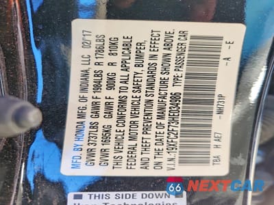 Zdjęcie 13 z 13 samochodu: 2017 HONDA CIVIC EX VIN:19XFC2F73HE034986 - miniatura