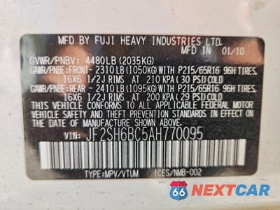Zdjęcie 14 z 14 samochodu: 2010 SUBARU FORESTER XS VIN:JF2SH6BC5AH770095 - miniatura