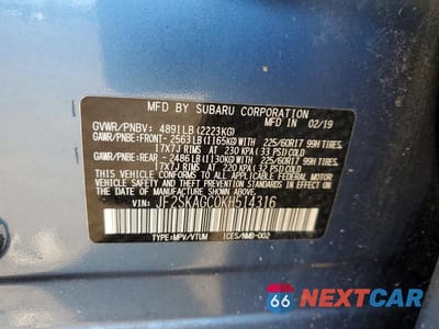 Zdjęcie 12 z 12 samochodu: 2019 SUBARU FORESTER PREMIUM VIN:JF2SKAGC0KH514316 - miniatura
