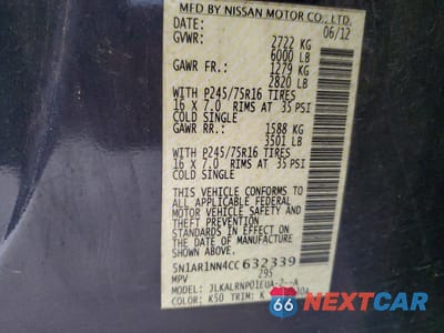 Zdjęcie 12 z 12 samochodu: 2012 NISSAN PATHFINDER S VIN:5N1AR1NN4CC632339 - miniatura