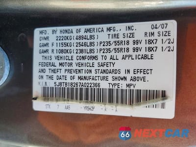 Zdjęcie 12 z 12 samochodu: 2007 ACURA RDX VIN:5J8TB18267A022366 - miniatura