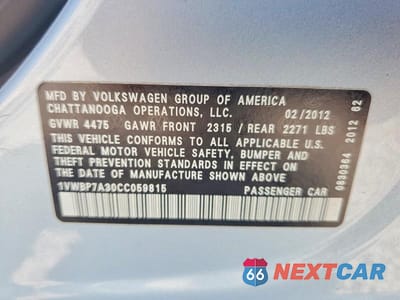 Zdjęcie 12 z 12 samochodu: 2012 VOLKSWAGEN PASSAT SE VIN:1VWBP7A30CC059815 - miniatura