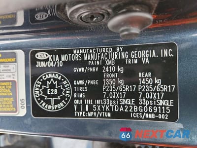 Zdjęcie 13 z 13 samochodu: 2011 KIA SORENTO LX VIN:5XYKTDA22BG069115 - miniatura