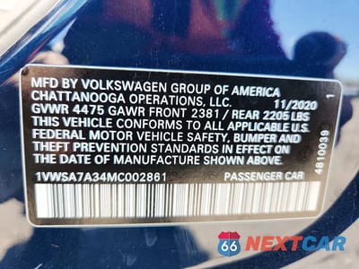 Zdjęcie 12 z 12 samochodu: 2021 VOLKSWAGEN PASSAT SE VIN:1VWSA7A34MC002861 - miniatura
