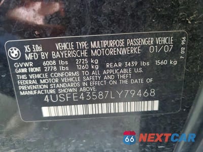Zdjęcie 12 z 12 samochodu: 2007 BMW X5 3.0I VIN:4USFE43587LY79468 - miniatura