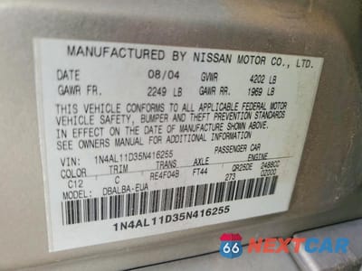 Zdjęcie 12 z 12 samochodu: 2005 NISSAN ALTIMA 2.5 VIN:1N4AL11D35N416255 - miniatura