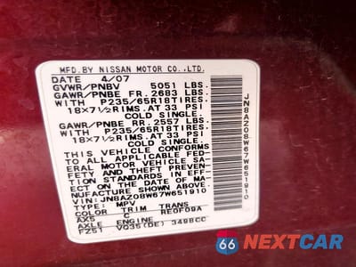 Zdjęcie 12 z 12 samochodu: 2007 NISSAN MURANO S VIN:JN8AZ08W67W651910 - miniatura