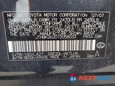 Zdjęcie 12 z 12 samochodu: 2007 LEXUS IS 250 VIN:JTHBK262072058033 - miniatura