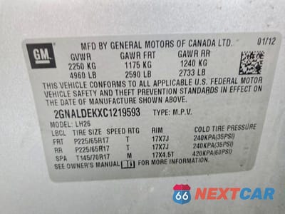 Zdjęcie 12 z 12 samochodu: 2012 CHEVROLET EQUINOX LT VIN:2GNALDEKXC1219593 - miniatura