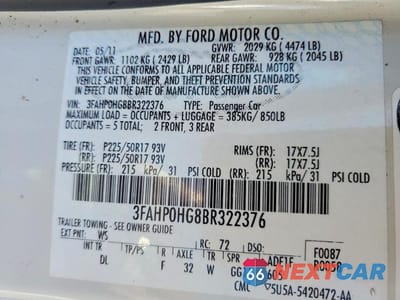 Zdjęcie 12 z 12 samochodu: 2011 FORD FUSION SE VIN:3FAHP0HG8BR322376 - miniatura
