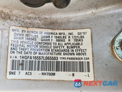 Zdjęcie 12 z 12 samochodu: 2007 HONDA CIVIC LX VIN:1HGFA16557L065503 - miniatura