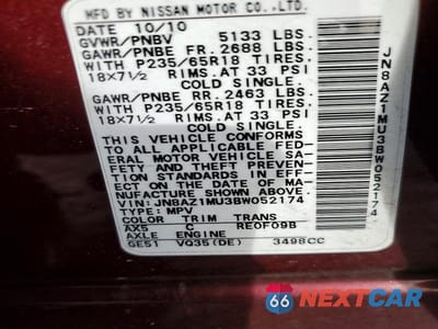 Zdjęcie 13 z 13 samochodu: 2011 NISSAN MURANO S VIN:JN8AZ1MU3BW052174 - miniatura