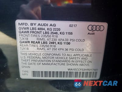 Zdjęcie 13 z 13 samochodu: 2017 AUDI Q3 PREMIUM VIN:WA1ECCFS3HR017481 - miniatura