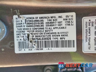 Zdjęcie 12 z 12 samochodu: 2010 HONDA CR-V EXL VIN:5J6RE3H75AL034926 - miniatura