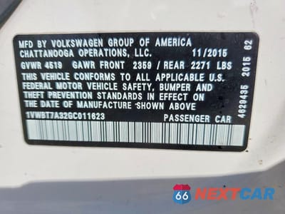 Zdjęcie 12 z 12 samochodu: 2016 VOLKSWAGEN PASSAT SE VIN:1VWBT7A32GC011623 - miniatura