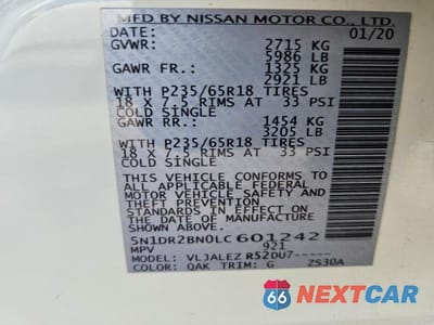 Zdjęcie 13 z 13 samochodu: 2020 NISSAN PATHFINDER SV VIN:5N1DR2BN0LC601242 - miniatura